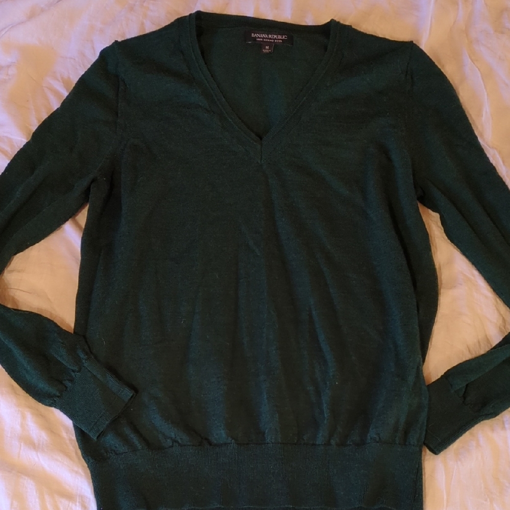 Banana Republic Forest Green Merino Wool V-Neck Sweater